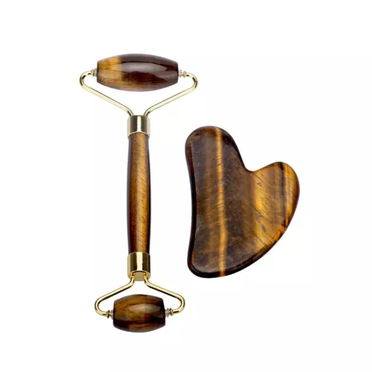 Blink Crystal Tiger Eye Stone Jade Facial Roller & Gua Sha Set-Wood