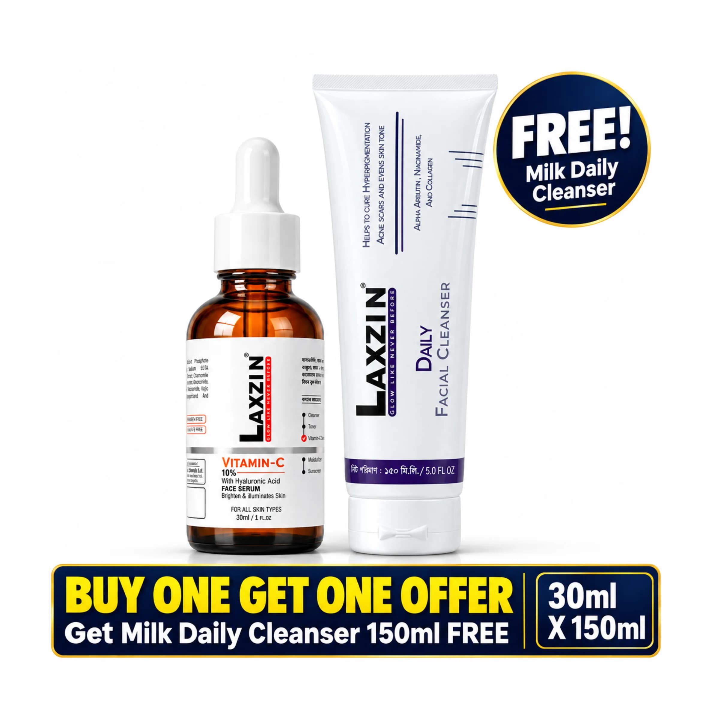 Laxzin Vitamin C 10% with Hyaluronic Acid Face Serum (30 ml) with Laxzin Milk Daily Facial Cleanser (150 ml) Free