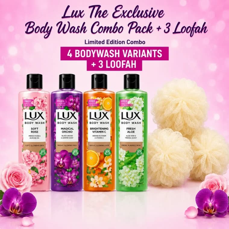 Lux The Exclusive Body Wash Combo Pack + 3 Loofah