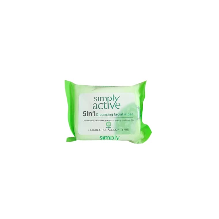 Simply Active 5 in 1 cleansing facial wipes (20 wipes)