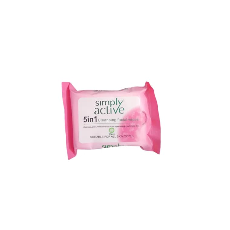Simply Active 5 in 1 cleansing facial wipes (20 wipes)