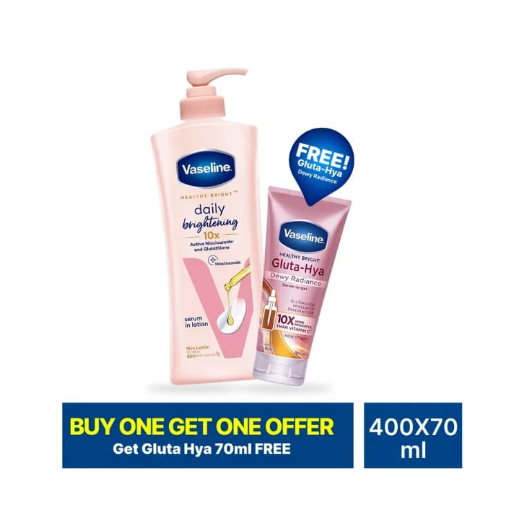Vaseline Healthy Bright Daily Brightening Body Lotion (400ml) With Vaseline Healthy Bright Gluta-Hya Dewy Radiance Serum-in-Gel (70ml) Free.